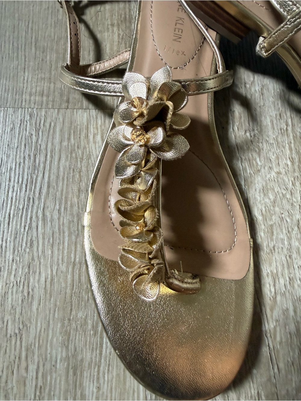 Anne Klein Metallic Gold Floral T-Strap Sandals with Ankle Strap
